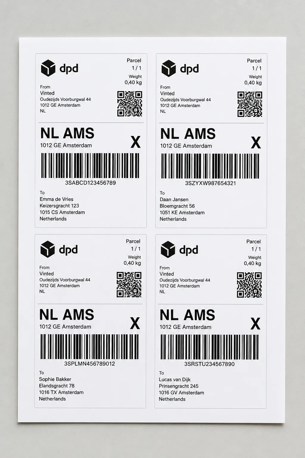 Clean A4 sheet with four cropped courier labels and no instructional text.