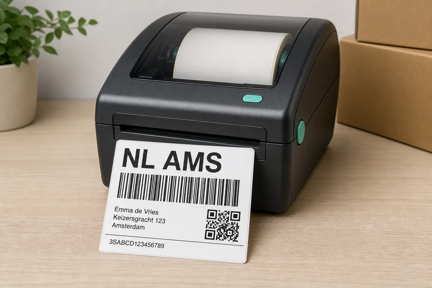 Thermal label printer with the same courier label printed on a 4×6 sticker from the label roll.