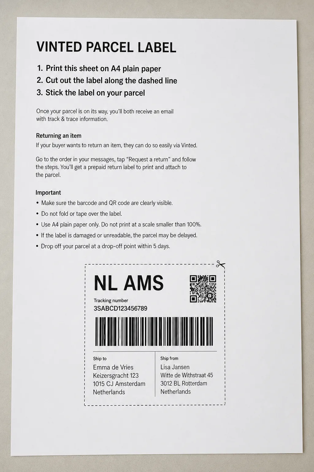 Vinted A4 PDF with numbered print-and-cut instructions and one small shipping label inside a dashed box.