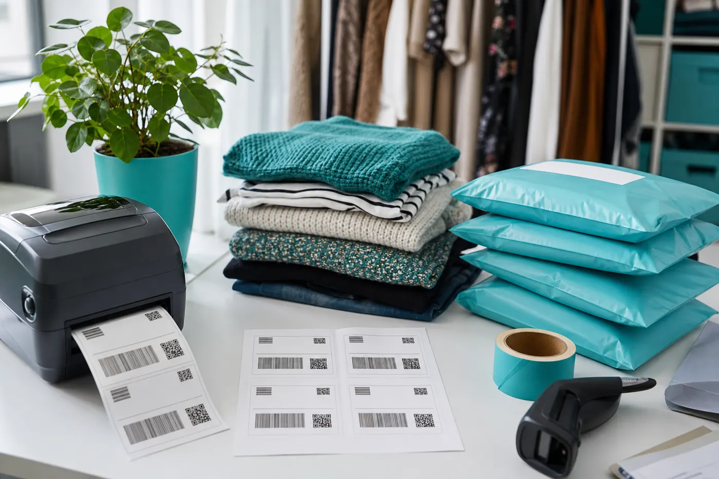 Print-ready A4 labels and thermal labels next to packed parcels.